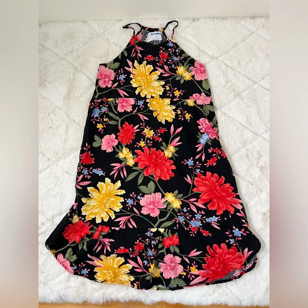 Old Navy Girls Floral Midi Dress | Size S (6–7) | Black Pink Yellow Sleeveless